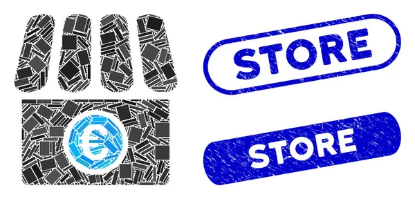Collage rettangolare Euro Shop con francobolli negozio graffiato — Vettoriale Stock