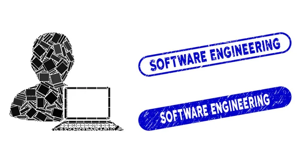 Obdélník Mozaika počítačový programátor s Grunge Software Engineering Stamps — Stockový vektor