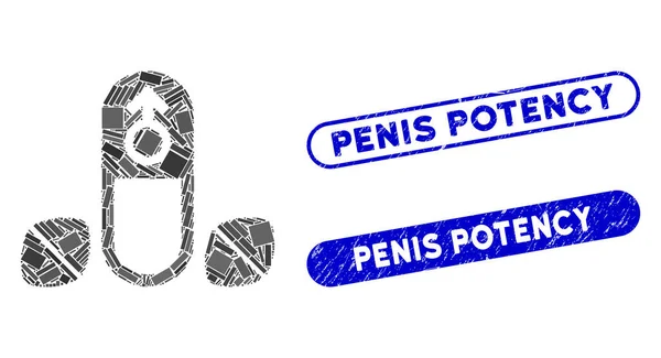 Rechteck-Mosaik-Penis-Potenztabletten mit Grunge-Penis-Potenzsiegeln — Stockvektor