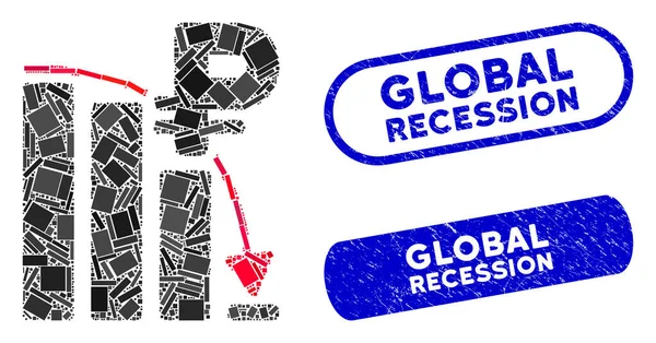Prostokąt Collage Rouble Panic Fall Chart with Distress Global Recession Seals — Wektor stockowy