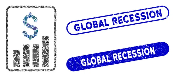 Rectángulo Collage Informe financiero con Sellos de Recesión Global Rasguñados — Archivo Imágenes Vectoriales