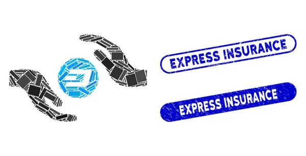 Rectángulo Collage Dash Cuidado de Monedas Manos con Distress Express Seguros Sellos — Vector de stock