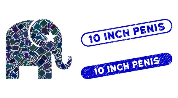 Rechteck Collage Elefant mit Grunge 10 Zoll Penisstempel — Stockvektor
