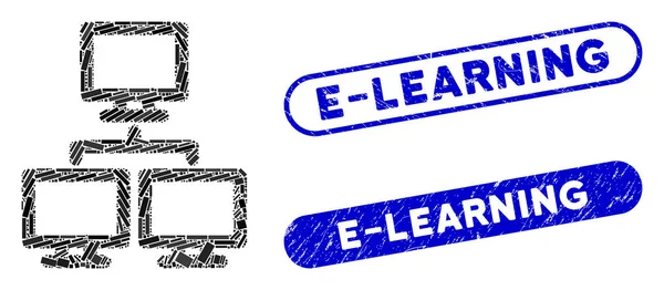 带Scratched E-Learning Seals的矩形Mosaic计算机网络组 — 图库矢量图片