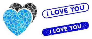 Dikdörtgen Mozaik Aşk Kalpleri Grunge I Love You Stamps