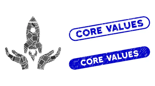 Rechthoek Collage Space Startup Ondersteuning Hands with Grunge Core Values Seals — Stockvector