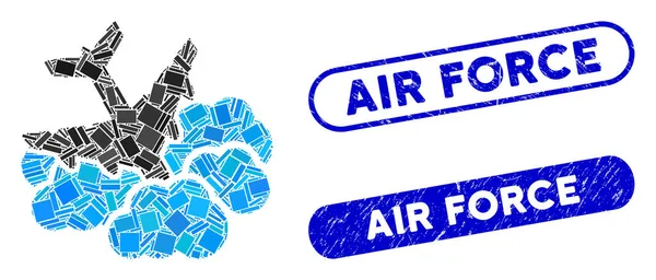 Rectangle Collage Aircraft Falls into Clouds with Distress Air Force Stamps - Stok Vektor