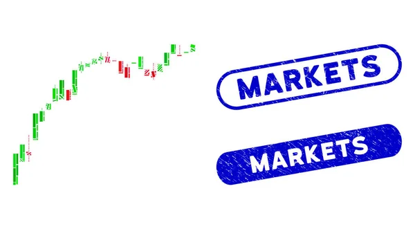 Rectángulo Collage Candelero gráfico de crecimiento desaceleración con sellos de mercados texturizados — Vector de stock