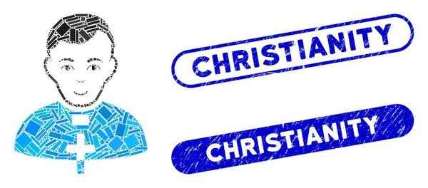 キリスト教の切手を持つ長方形のコラージュカトリックの司祭 — ストックベクタ
