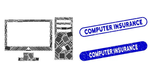 Computador da colagem do retângulo com selos do seguro do computador do grunge —  Vetores de Stock