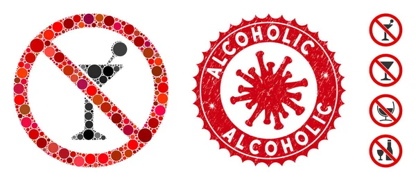 Collage Geen Cocktail Icoon met Coronavirus Gekraakte Alcoholische Zegel — Stockvector