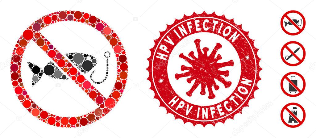 Collage No Fishing Icon with Coronavirus Textured Hpv Infection Stamp