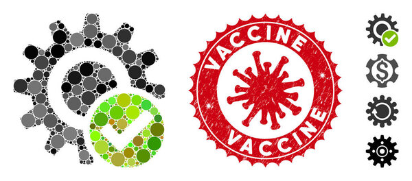 Collage Valid Settings Gear Icon with Coronavirus Grunge Vaccine Stamp