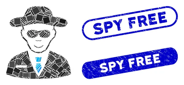 Ορθογώνια Ψηφιδωτή Spy με Scratched Spy Free Seals — Διανυσματικό Αρχείο
