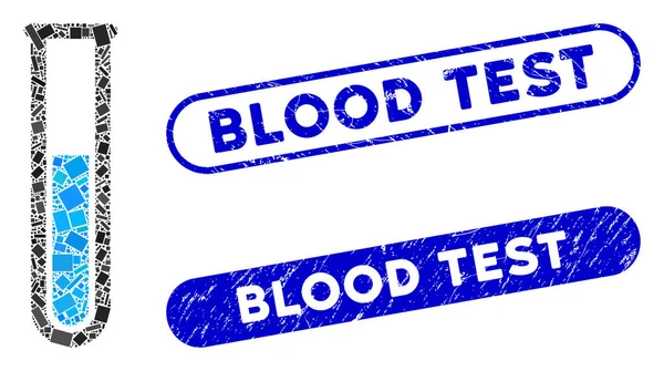 Téglalap Kollázs Test Tube texturált vérvizsgálattal Bélyegek — Stock Vector
