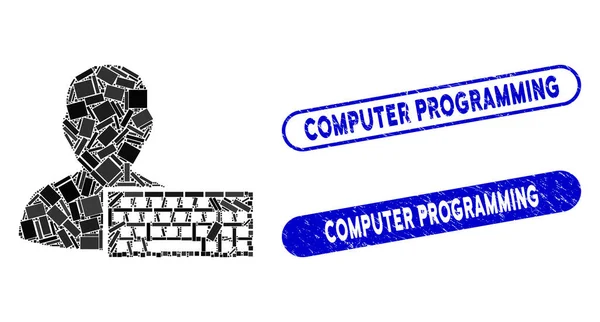 Coder collage rettangolo con Grunge Computer di programmazione Sigilli — Vettoriale Stock