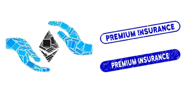 Прямоугольная мозаика Ethereum Care Hands with Scratched Premium Insurance Stamps — стоковый вектор