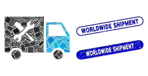 Rectangle Collage Service Van com Selos de Expedição Mundiais de Perturbação — Vetor de Stock