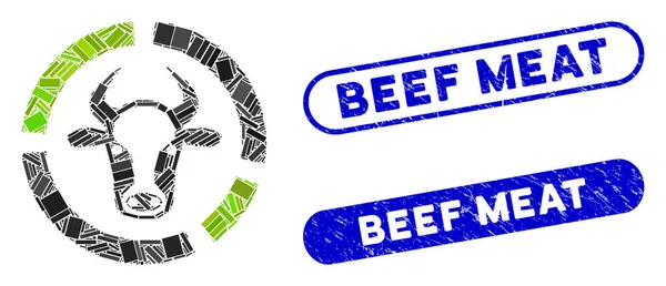 Prostokątny diagram krowy mozaikowej z teksturowanymi uszczelkami mięsa wołowego — Wektor stockowy