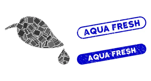 Rectángulo Mosaico Hoja Natural con Gota con Grunge Aqua Fresh Sellos — Archivo Imágenes Vectoriales