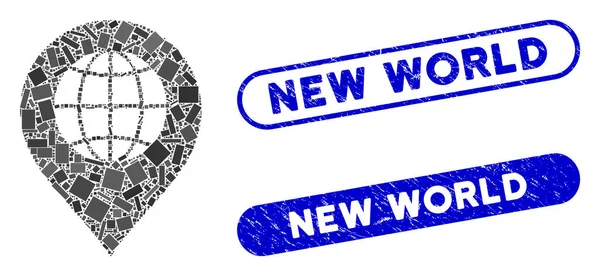 Retângulo Colagem Globo Marcador com Scratched New World Seals —  Vetores de Stock