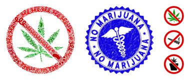 Salgın Kolajı Caduceus Grunge ile Marihuana Simgesi Yok Marihuana Mührü Yok
