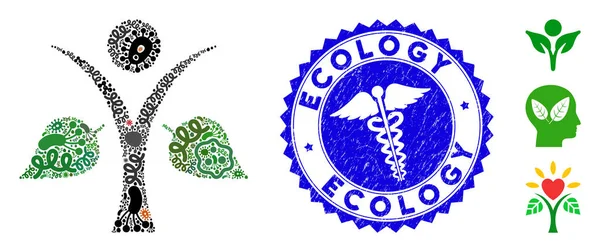 Gorączka Mozaika Ekologia Man Ikona z wężami Scratched Ecology Seal — Wektor stockowy