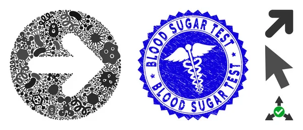 Icono de flecha redondeada de mosaico microbio con sello de prueba de azúcar en sangre texturizada médica — Archivo Imágenes Vectoriales