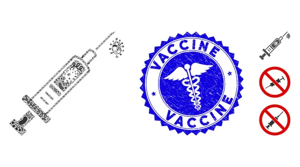 Icône de vaccin contre la mosaïque pandémique avec sceau de vaccin Grunge de soins de santé — Image vectorielle