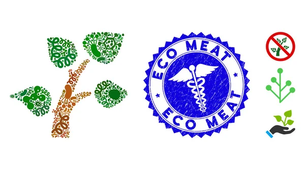 Biohazard Mosaico Icona dell'albero vegetale con angoscia sanitaria Eco Meat Seal — Vettoriale Stock