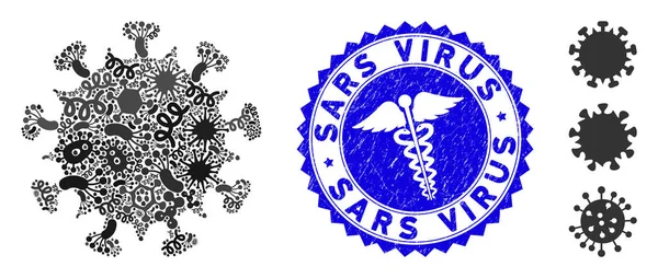 Іконка вірусу інфекції колажу SARS з медичною текстурованою печаткою вірусу — стоковий вектор