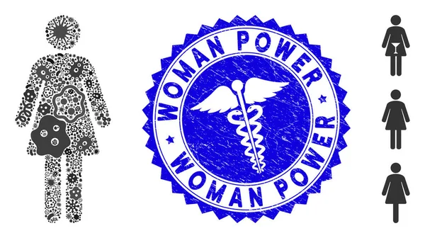 Pathogen Collage Woman Icon with Health Care Distress Woman Power Seal — Stock Vector