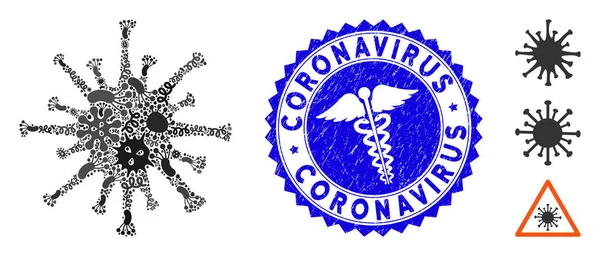 Infectious Mosaic Coronavirus Icon with Healthcare Scratched Coronavirus Seal — 스톡 벡터
