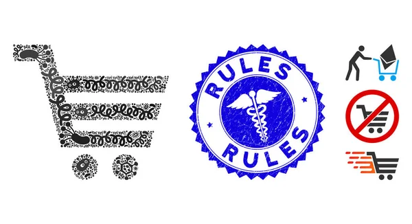 Icona del carrello della spesa del collage contagioso con il sigillo delle regole del grunge della medicina — Vettoriale Stock