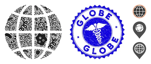 Microbe Collage Globe Icon with Doctor Scratched Globe Seal — 스톡 벡터