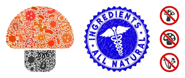 Icono del hongo del collage del peligro biológico con los ingredientes del grunge del cuidado de la salud todo el sello natural — Vector de stock