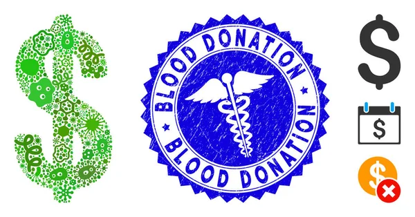 Biohazard Mosaic Dollar Icon with Serpents Grunge Blood Donation Seal — Stock Vector