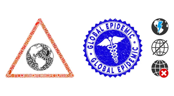 Ікона попередження вірусної мозаїки Земля з медичною гранжевою глобальною епідемією — стоковий вектор