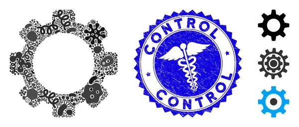 Outbreak Collage Gear Icon with Clinic Scratched Control Stamp — Stock Vector