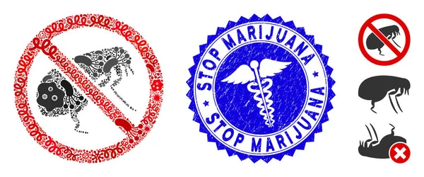 Pandemie-Collage kein Floh-Symbol mit medizinischem texturierten Stop-Marihuana-Stempel — Stockvektor