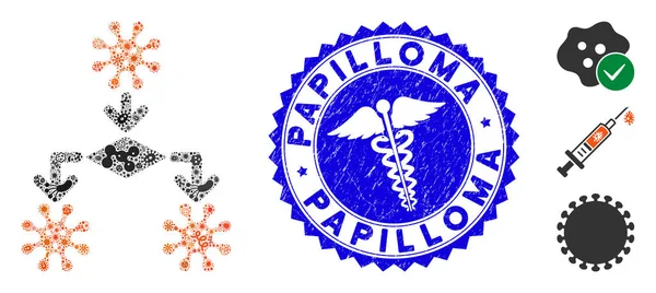 Icono de reproducción del virus del mosaico microbio con sello de papiloma grunge de la clínica — Vector de stock