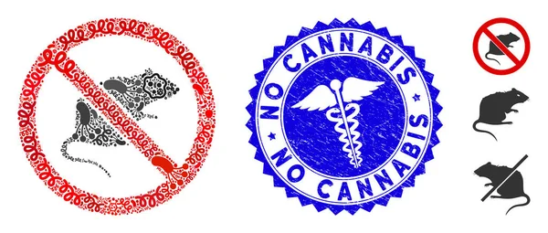 Ansteckungsmosaik keine Ratten-Ikone mit Gesundheitstextur kein Cannabis-Siegel — Stockvektor