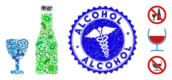 Patogen Mosaik Alkoholikonen med hälso-och sjukvård Grunge Alkohol Seal — Stock vektor