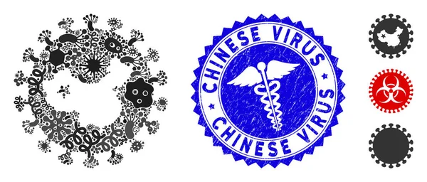 Icono del virus chino del mosaico del peligro biológico con la estampilla del virus chino del grunge de la medicina — Vector de stock