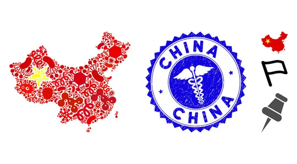 Ansteckung Collage China Landkarte Symbol mit Schlangen Grunge China Siegel — Stockvektor