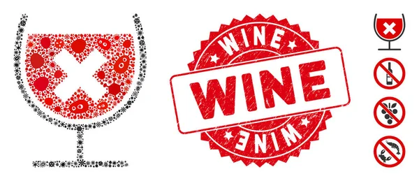 Collage infectado Stop Drink Icono de vino con sello de vino redondo texturizado — Vector de stock