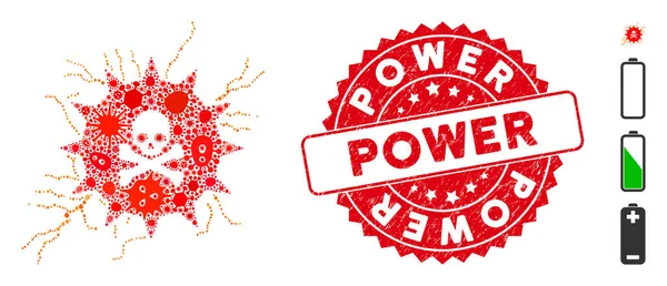 Icono del poder tóxico del collage del patógeno con el sello de poder redondo texturizado — Vector de stock