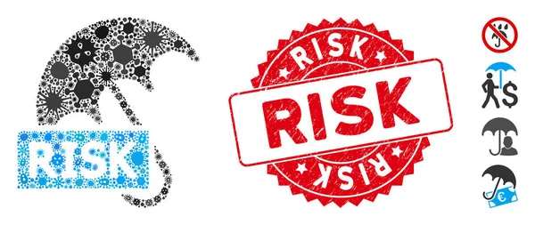 Biohazard Mosaic Risk Umbrella Icon with Textured Round Risk Seal — Stock Vector