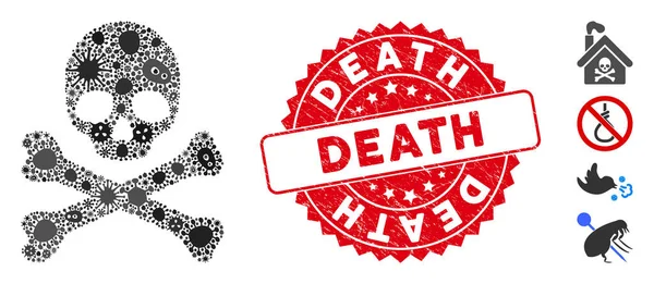 Microbio Collage Icono de la Muerte con Sello de Muerte Redondo Rasguñado — Vector de stock