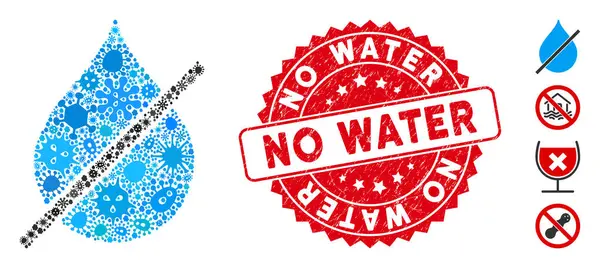 Microbe Mozaïek Geen Water Drop Ikoon met Grunge Ronde Geen Water Stempel — Stockvector